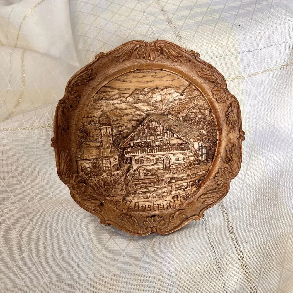 Vintage Austrian 3D Plate Decor, Faux Wood Carved Resin Pottery, Wall Decor